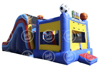 sports bounce house, climber, and slide